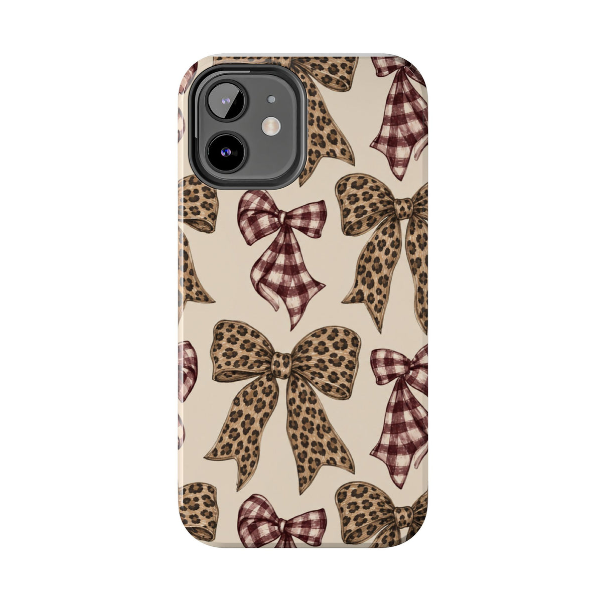 Leopard Bow Phone Case, Plaid Coquette iPhone Case, Neutral Tough Case