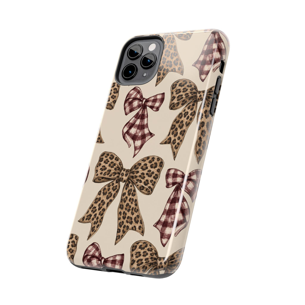Leopard Bow Phone Case, Plaid Coquette iPhone Case, Neutral Tough Case