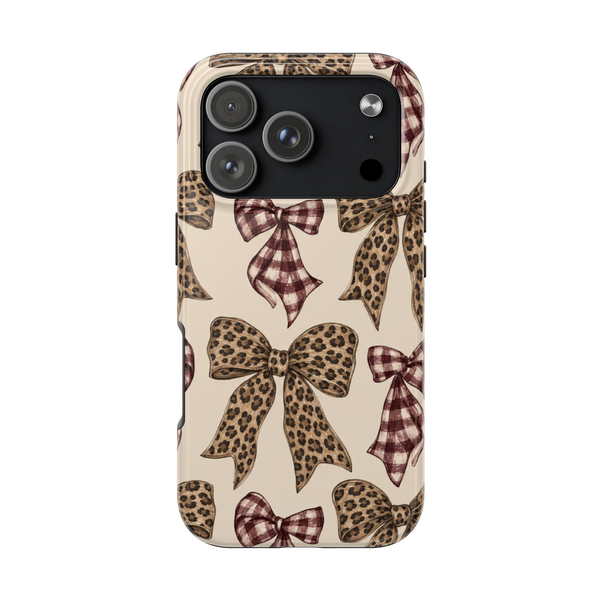 Leopard Bow Phone Case, Plaid Coquette iPhone Case, Neutral Tough Case