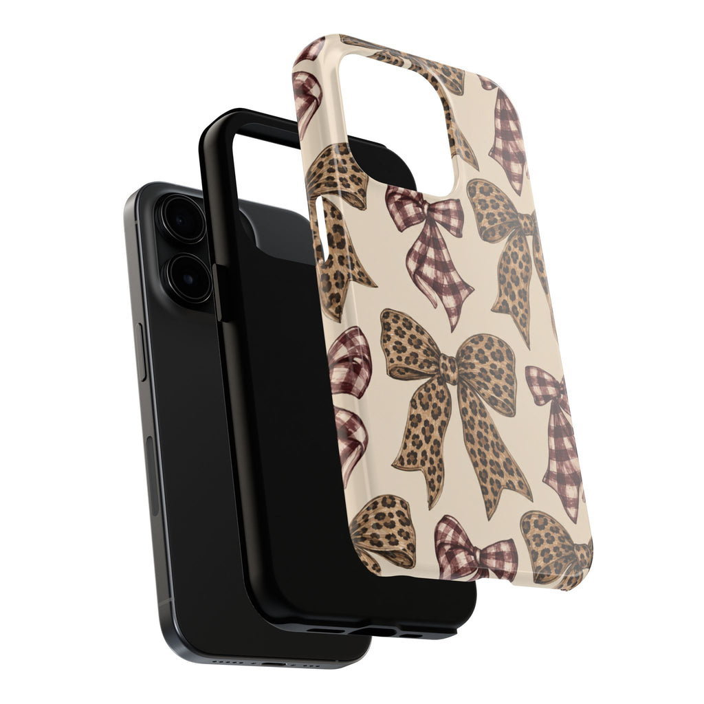 Leopard Bow Phone Case, Plaid Coquette iPhone Case, Neutral Tough Case