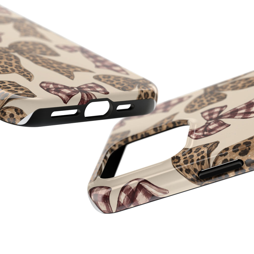 Leopard Bow Phone Case, Plaid Coquette iPhone Case, Neutral Tough Case