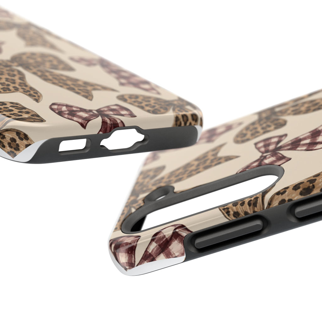 Leopard Bow Phone Case, Plaid Coquette iPhone Case, Neutral Tough Case