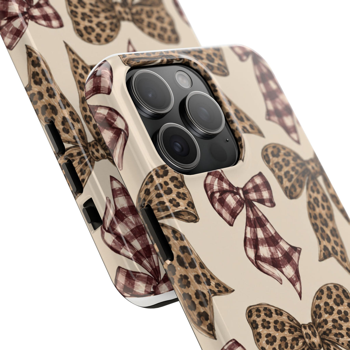 Leopard Bow Phone Case, Plaid Coquette iPhone Case, Neutral Tough Case