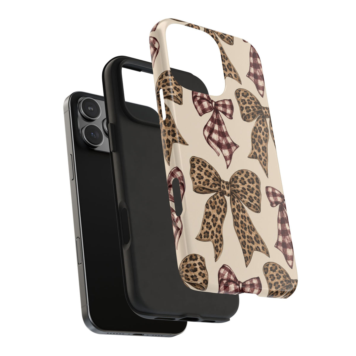 Leopard Bow Phone Case, Plaid Coquette iPhone Case, Neutral Tough Case