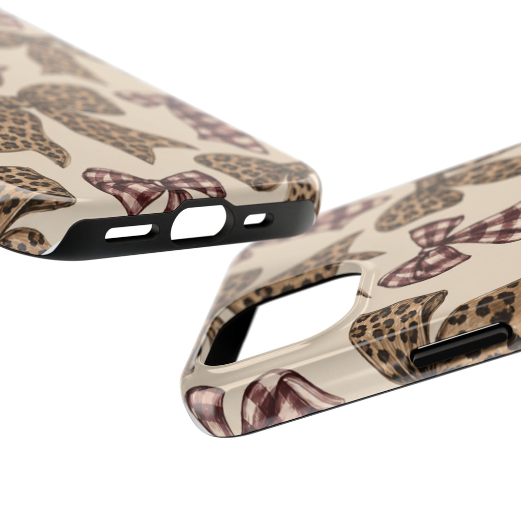 Leopard Bow Phone Case, Plaid Coquette iPhone Case, Neutral Tough Case