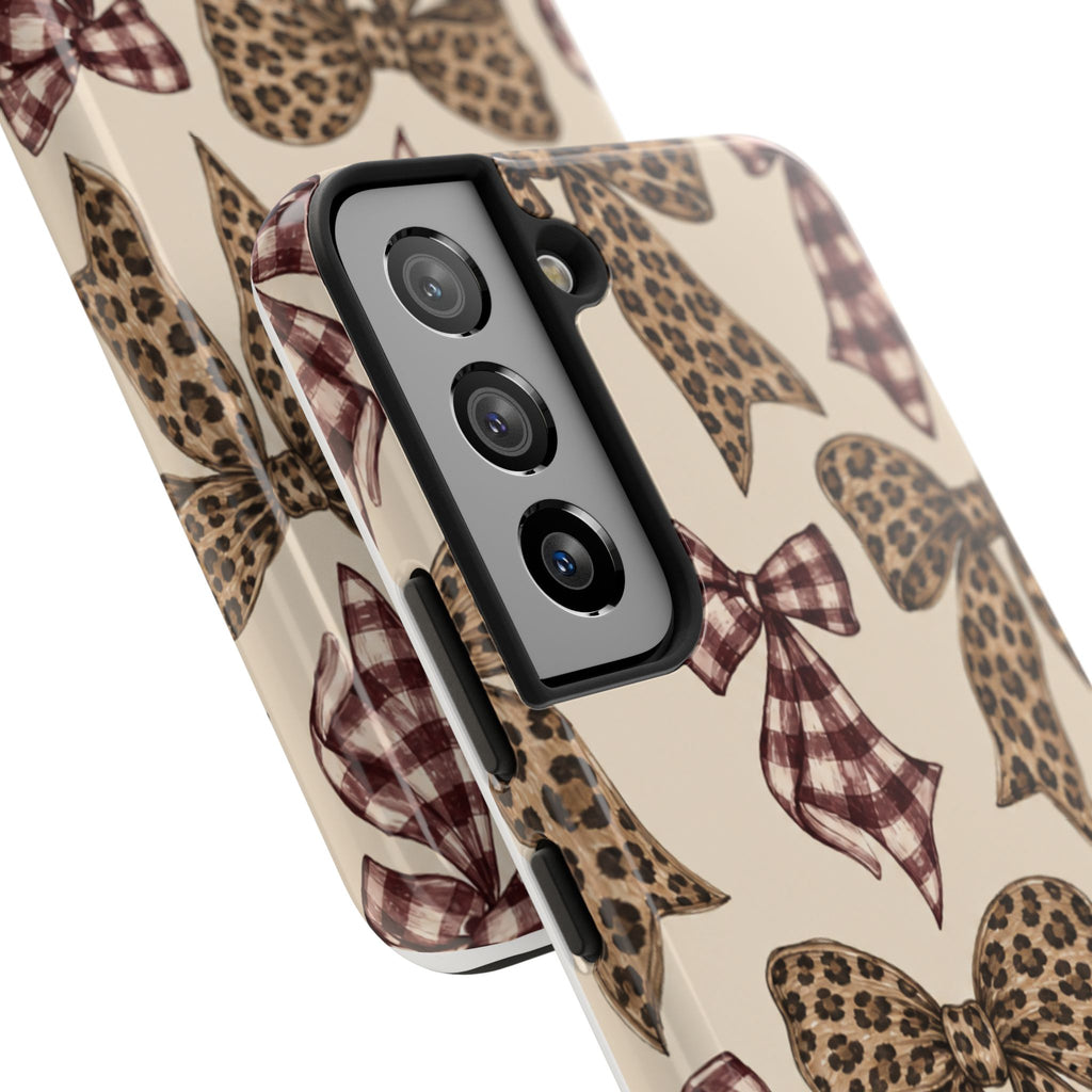 Leopard Bow Phone Case, Plaid Coquette iPhone Case, Neutral Tough Case