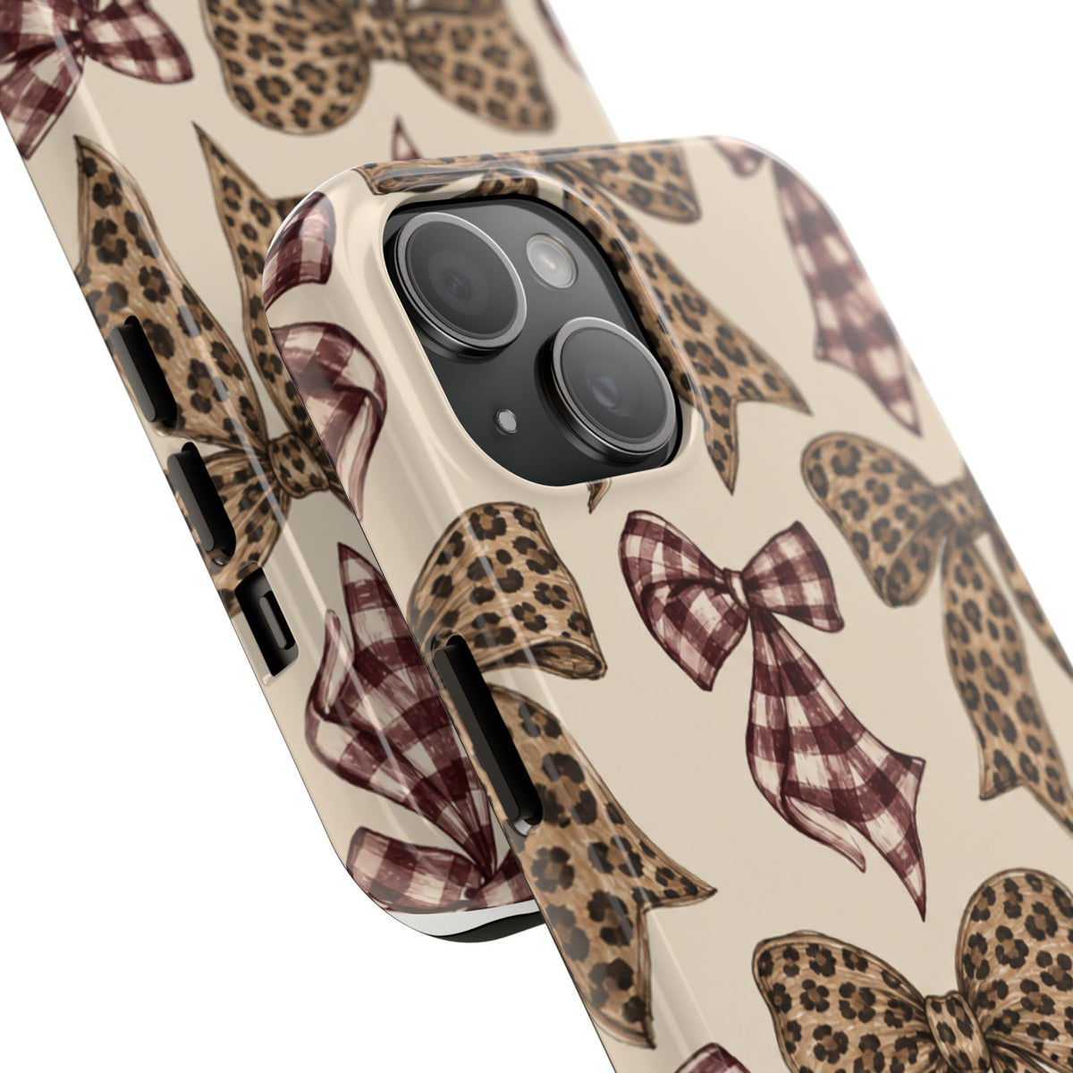Leopard Bow Phone Case, Plaid Coquette iPhone Case, Neutral Tough Case