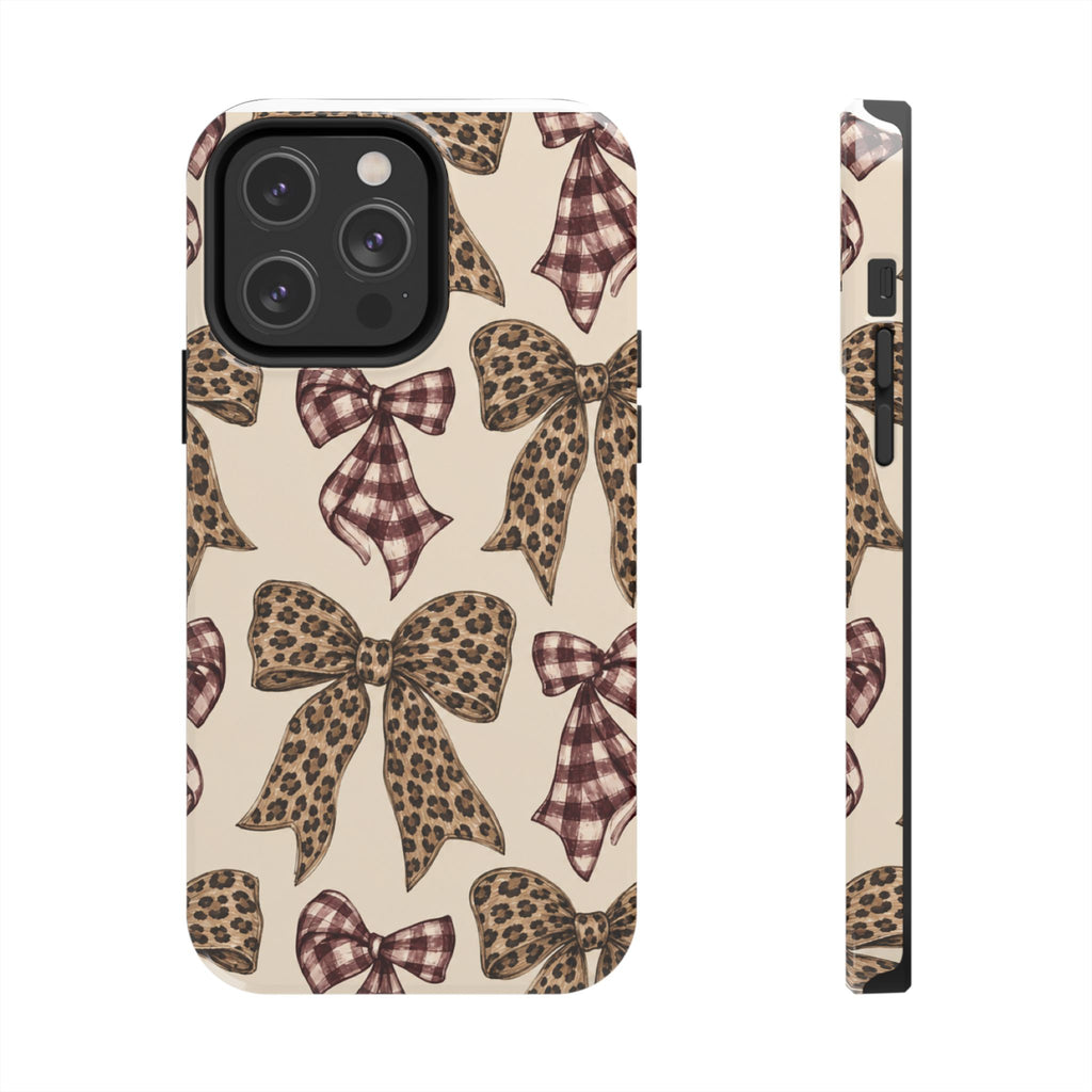 Leopard Bow Phone Case, Plaid Coquette iPhone Case, Neutral Tough Case