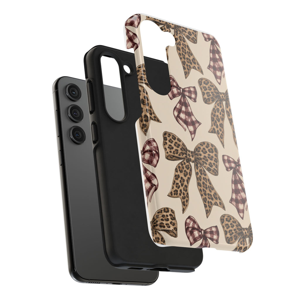Leopard Bow Phone Case, Plaid Coquette iPhone Case, Neutral Tough Case