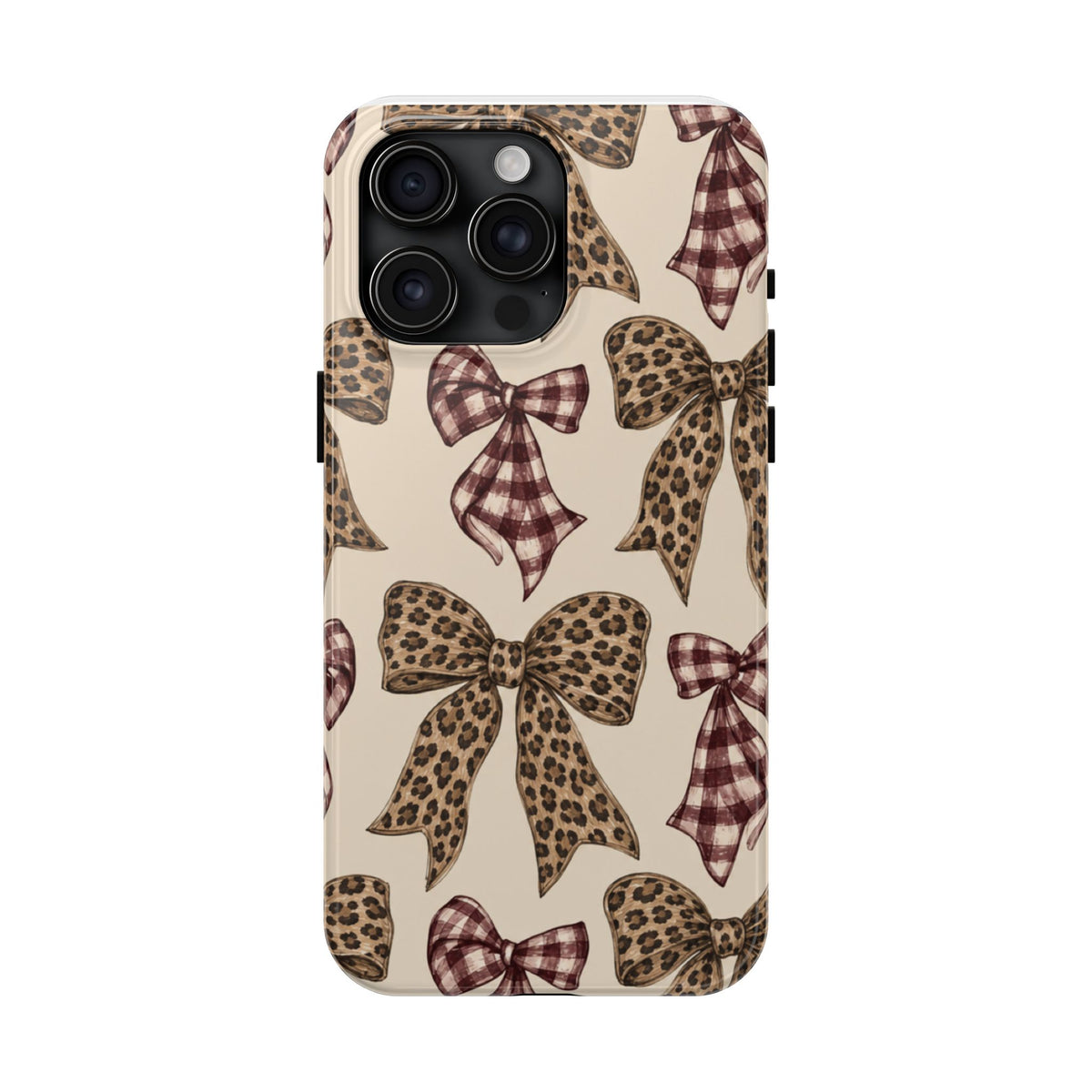 Leopard Bow Phone Case, Plaid Coquette iPhone Case, Neutral Tough Case