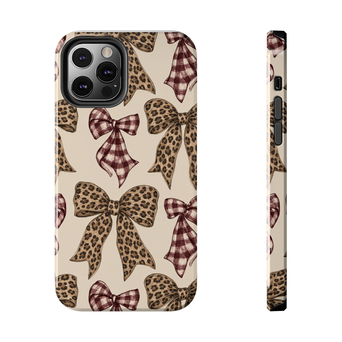 Leopard Bow Phone Case, Plaid Coquette iPhone Case, Neutral Tough Case