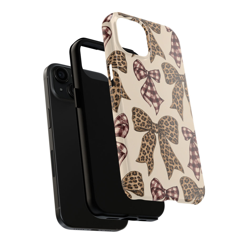 Leopard Bow Phone Case, Plaid Coquette iPhone Case, Neutral Tough Case