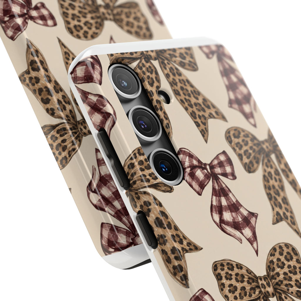 Leopard Bow Phone Case, Plaid Coquette iPhone Case, Neutral Tough Case