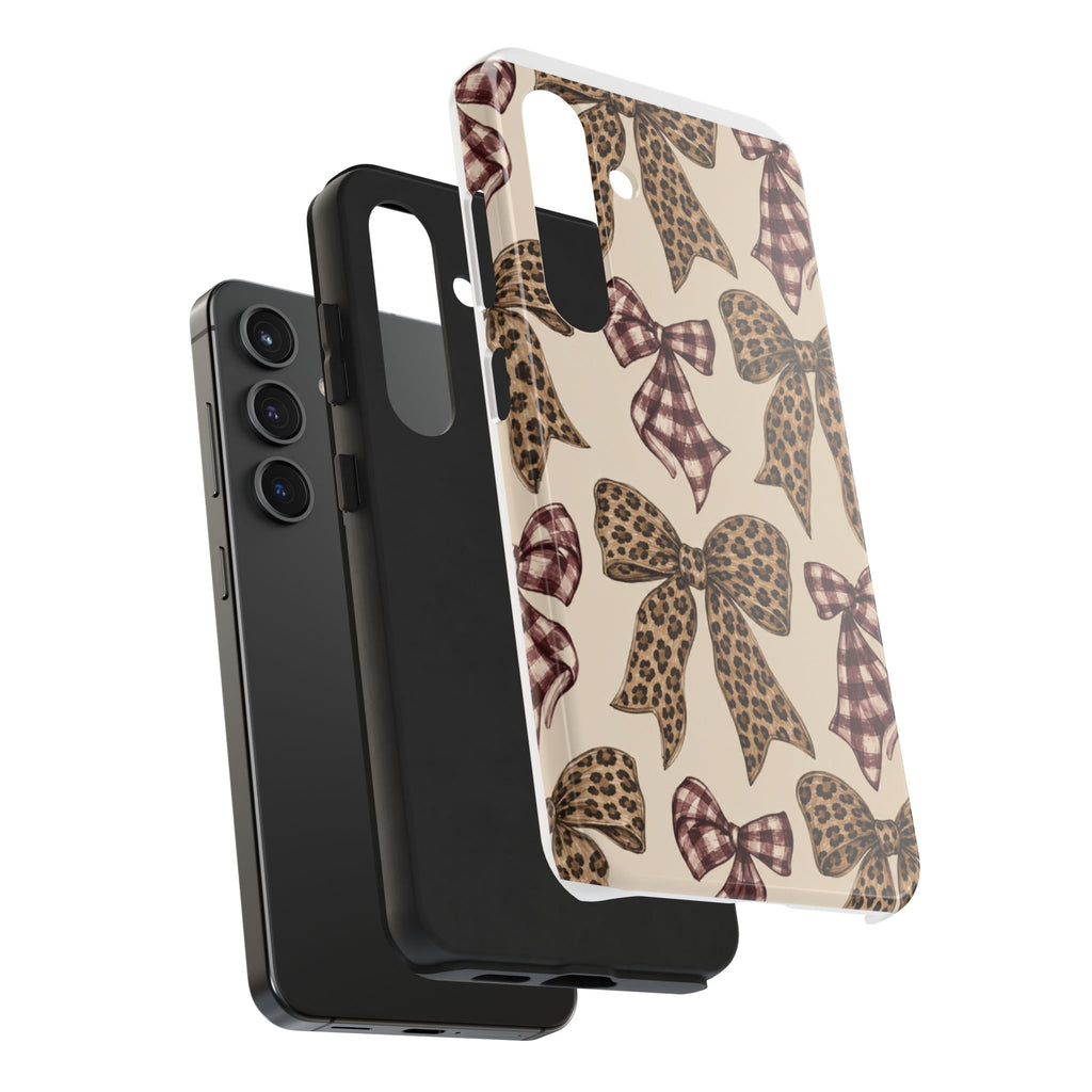 Leopard Bow Phone Case, Plaid Coquette iPhone Case, Neutral Tough Case