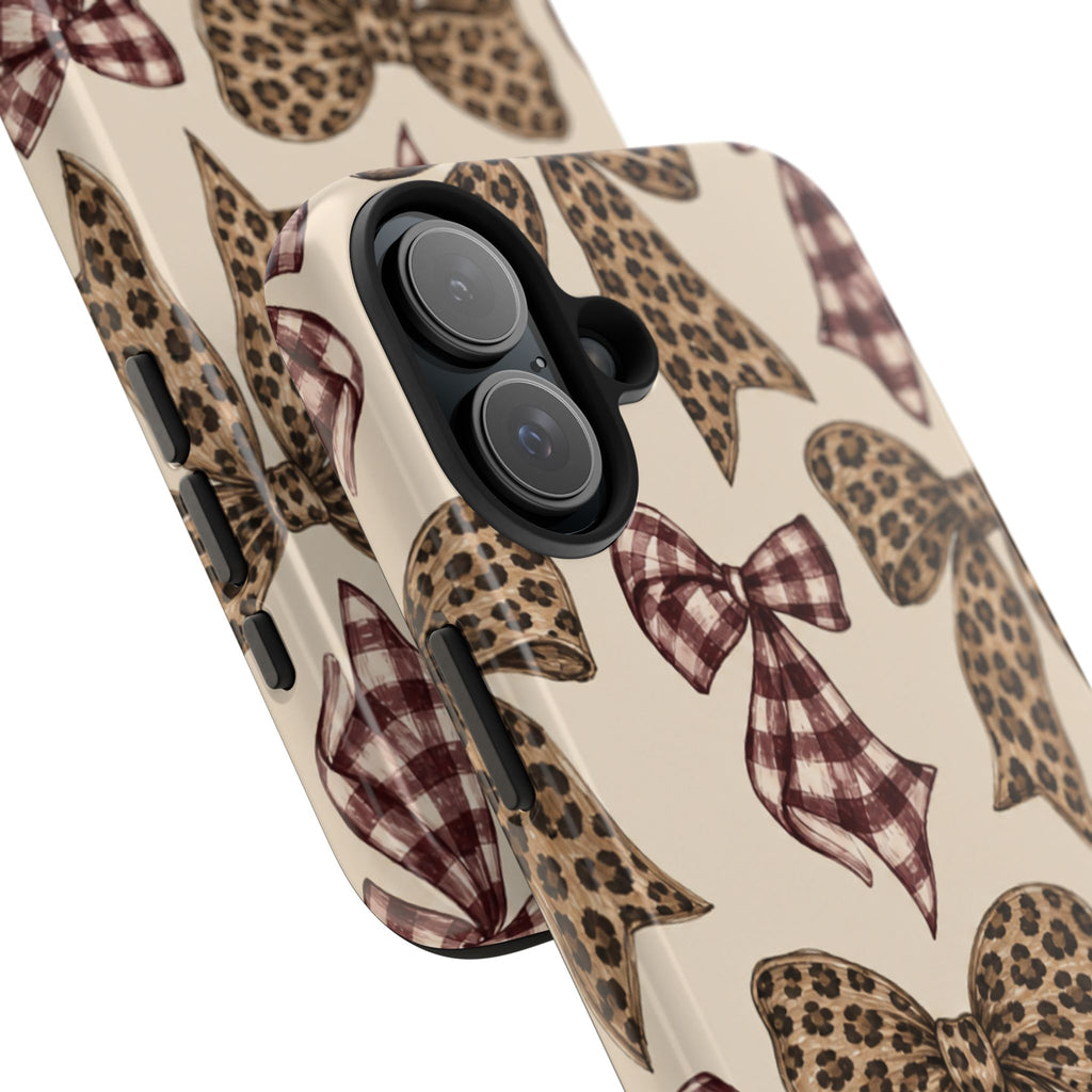 Leopard Bow Phone Case, Plaid Coquette iPhone Case, Neutral Tough Case