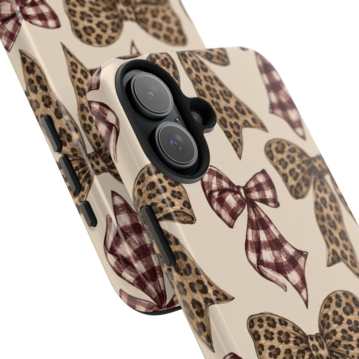 Leopard Bow Phone Case, Plaid Coquette iPhone Case, Neutral Tough Case