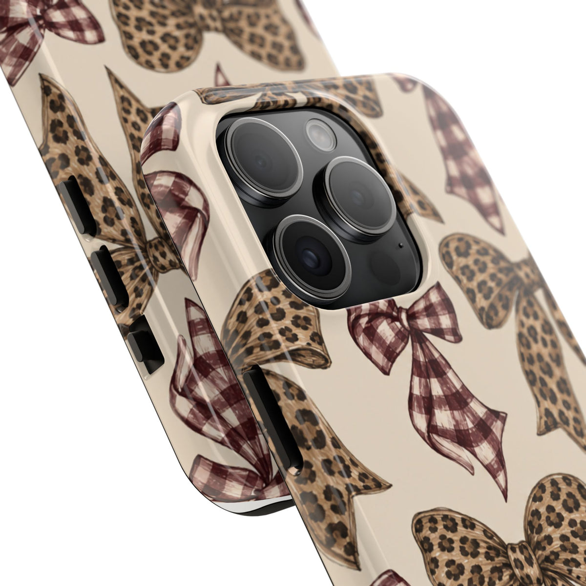 Leopard Bow Phone Case, Plaid Coquette iPhone Case, Neutral Tough Case