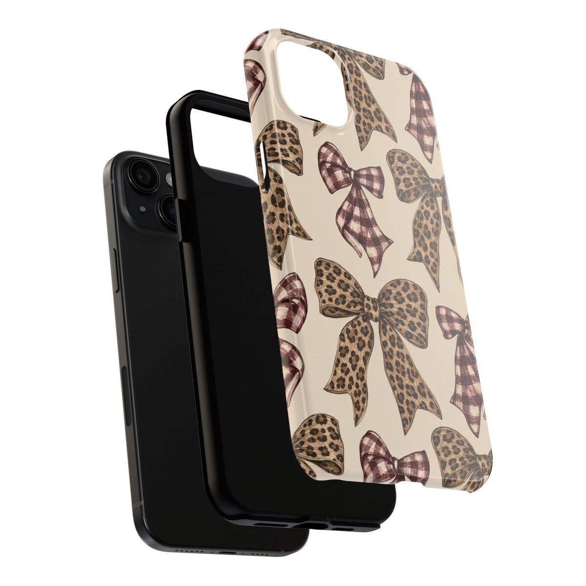 Leopard Bow Phone Case, Plaid Coquette iPhone Case, Neutral Tough Case