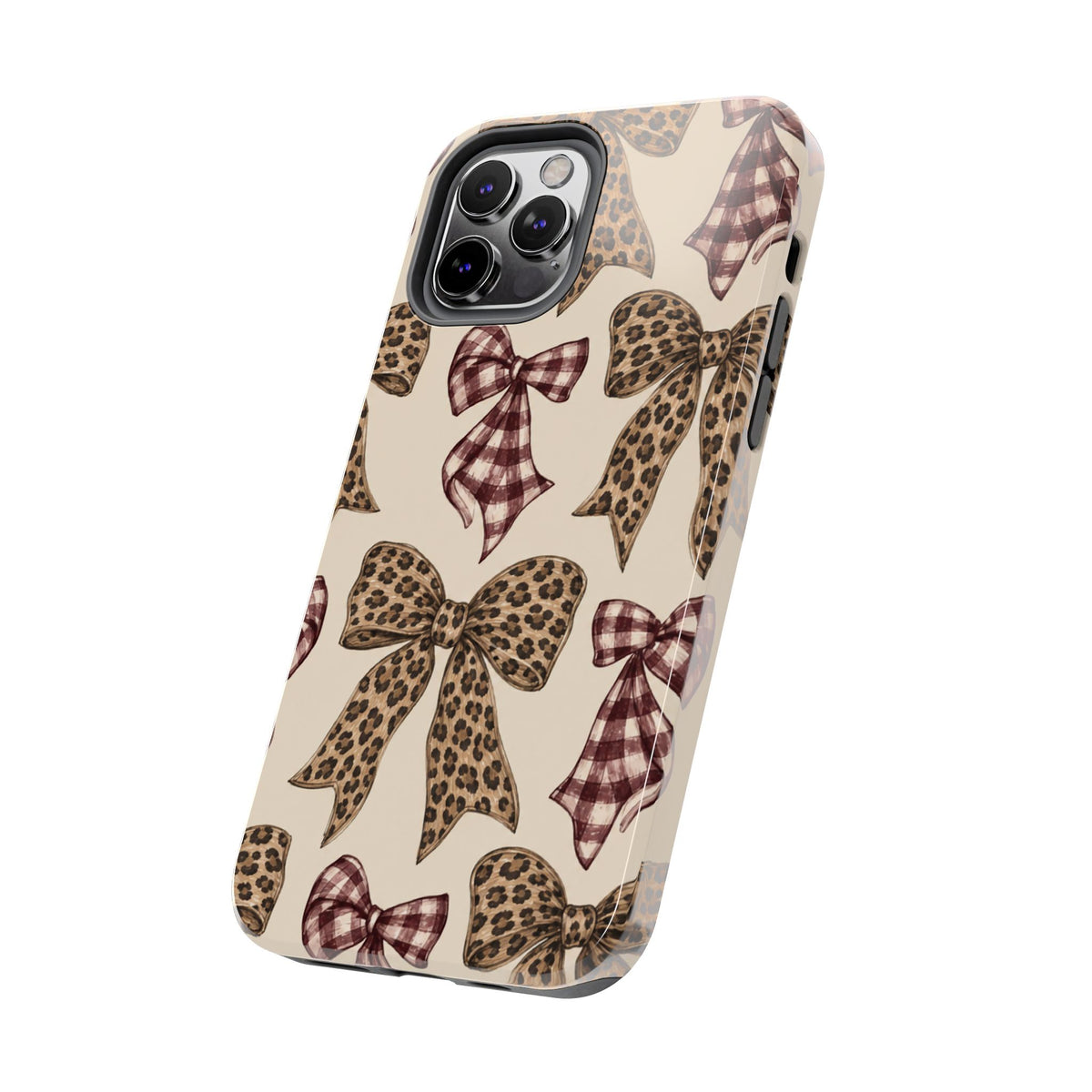 Leopard Bow Phone Case, Plaid Coquette iPhone Case, Neutral Tough Case