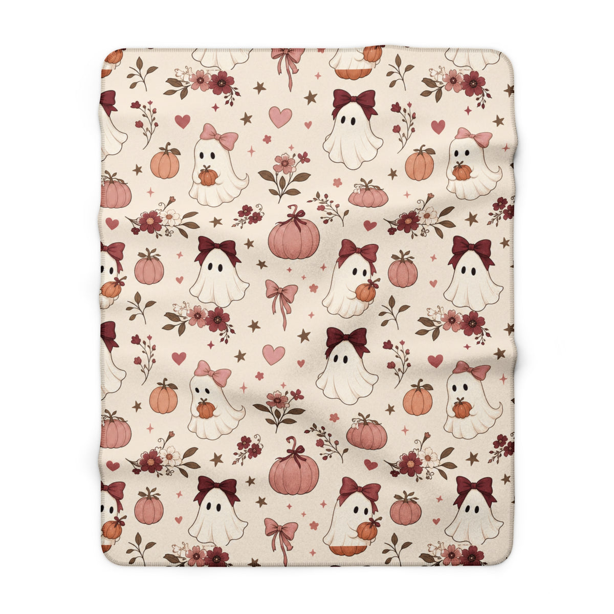Cozy Ghost Sherpa Blanket, Cute Fall Halloween Blanket, Pink Bow Ghost & Pumpkin Throw