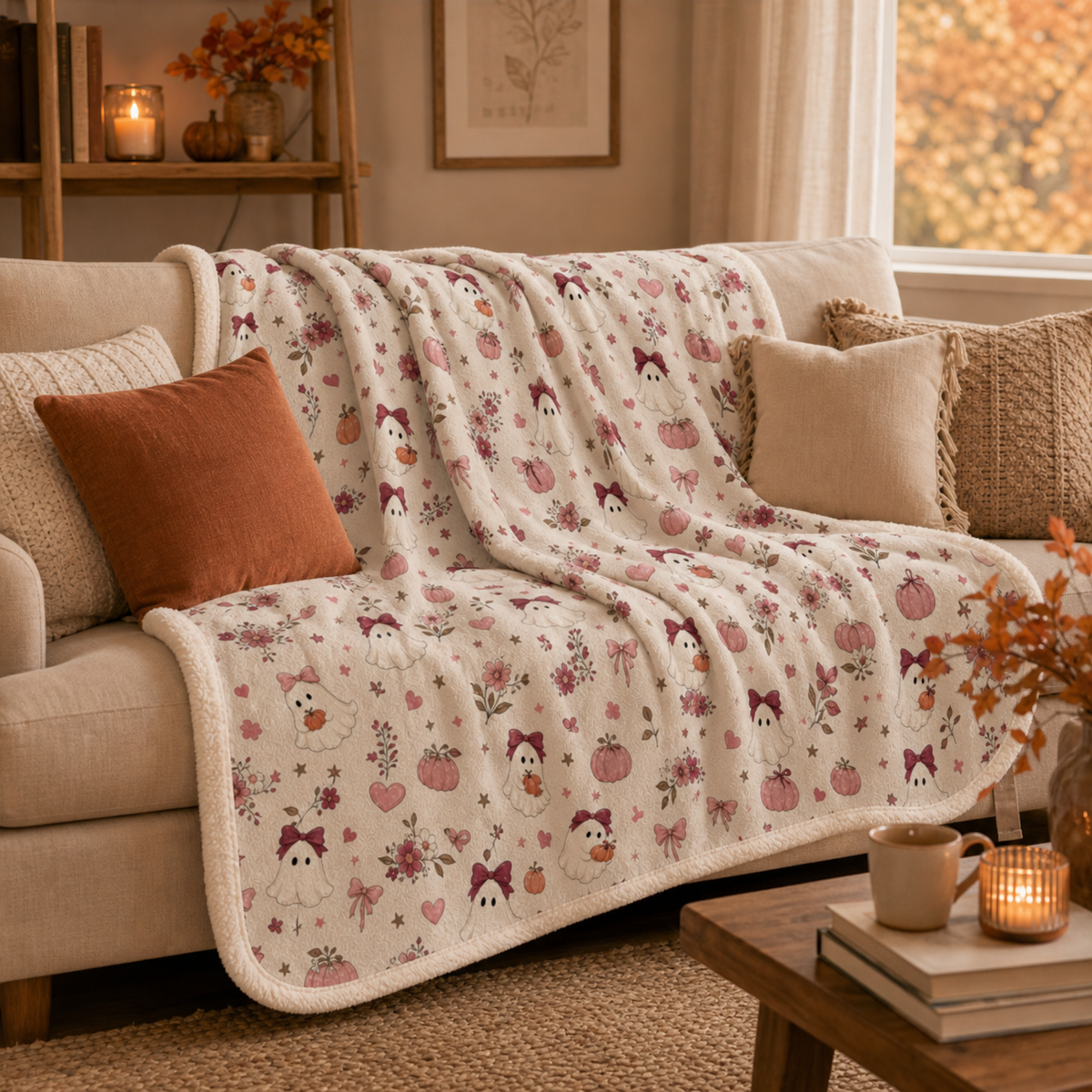 Cozy Ghost Sherpa Blanket, Cute Fall Halloween Blanket, Pink Bow Ghost & Pumpkin Throw