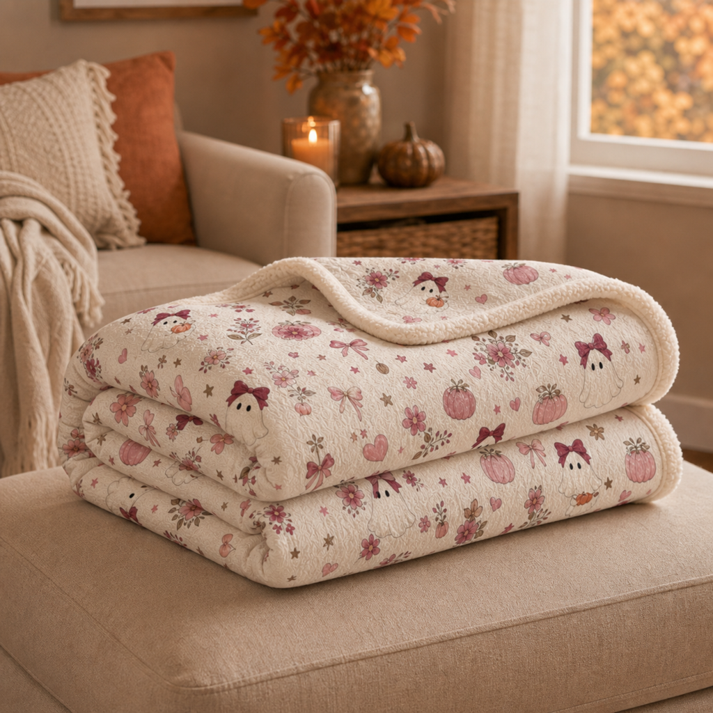 Cozy Ghost Sherpa Blanket, Cute Fall Halloween Blanket, Pink Bow Ghost & Pumpkin Throw