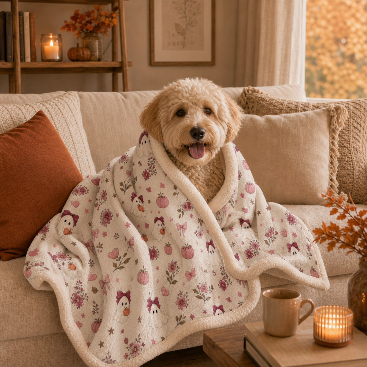 Cozy Ghost Sherpa Blanket, Cute Fall Halloween Blanket, Pink Bow Ghost & Pumpkin Throw