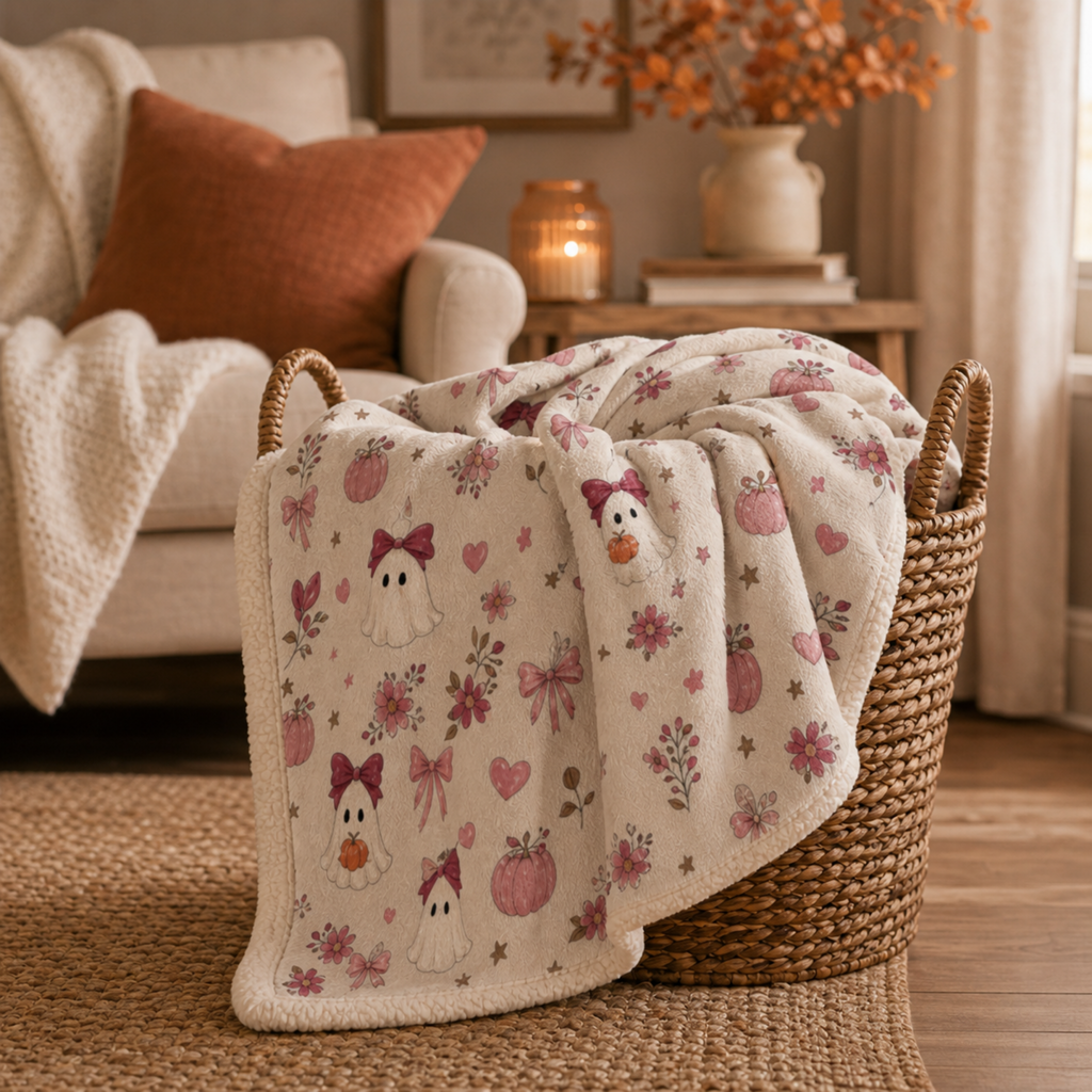 Cozy Ghost Sherpa Blanket, Cute Fall Halloween Blanket, Pink Bow Ghost & Pumpkin Throw