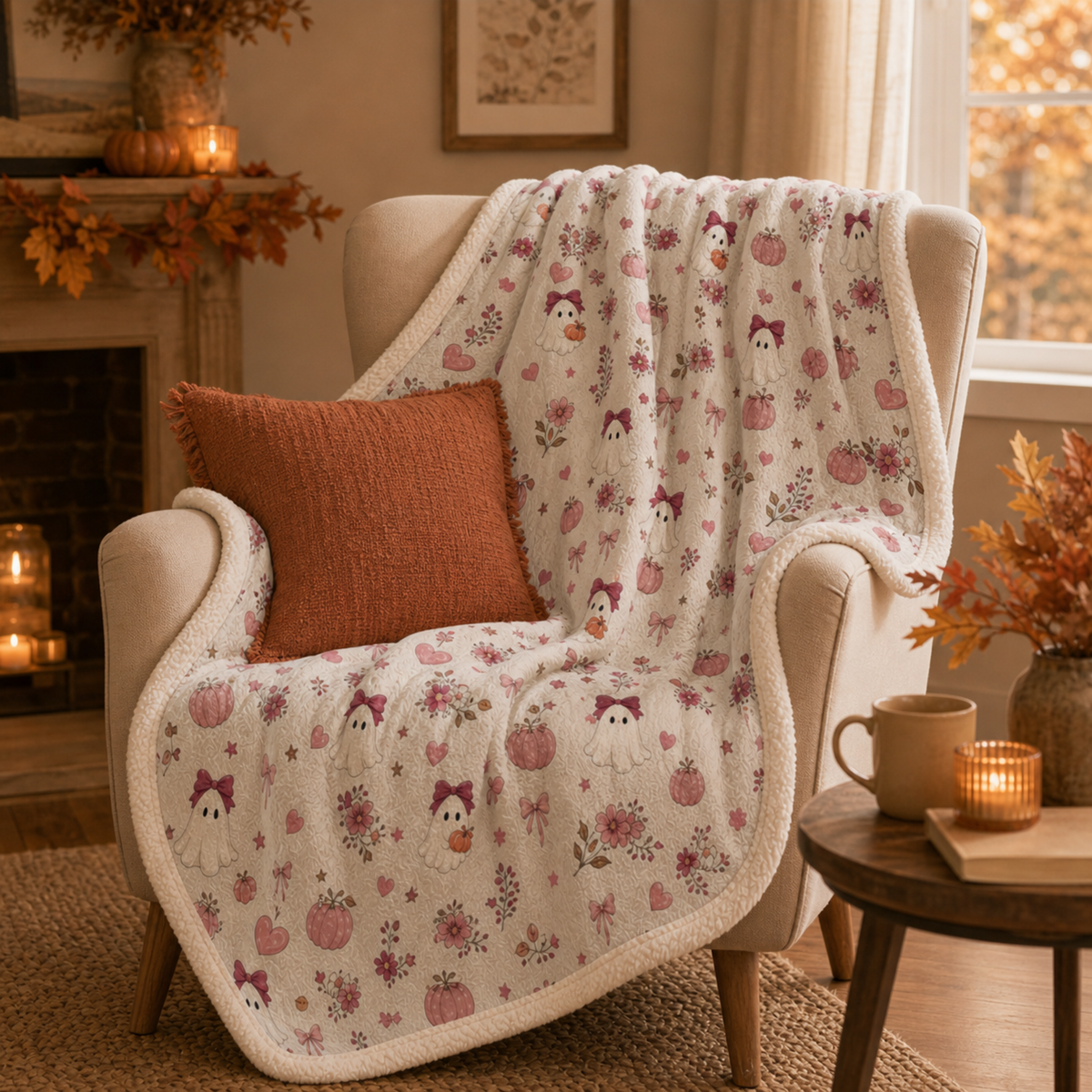 Cozy Ghost Sherpa Blanket, Cute Fall Halloween Blanket, Pink Bow Ghost & Pumpkin Throw