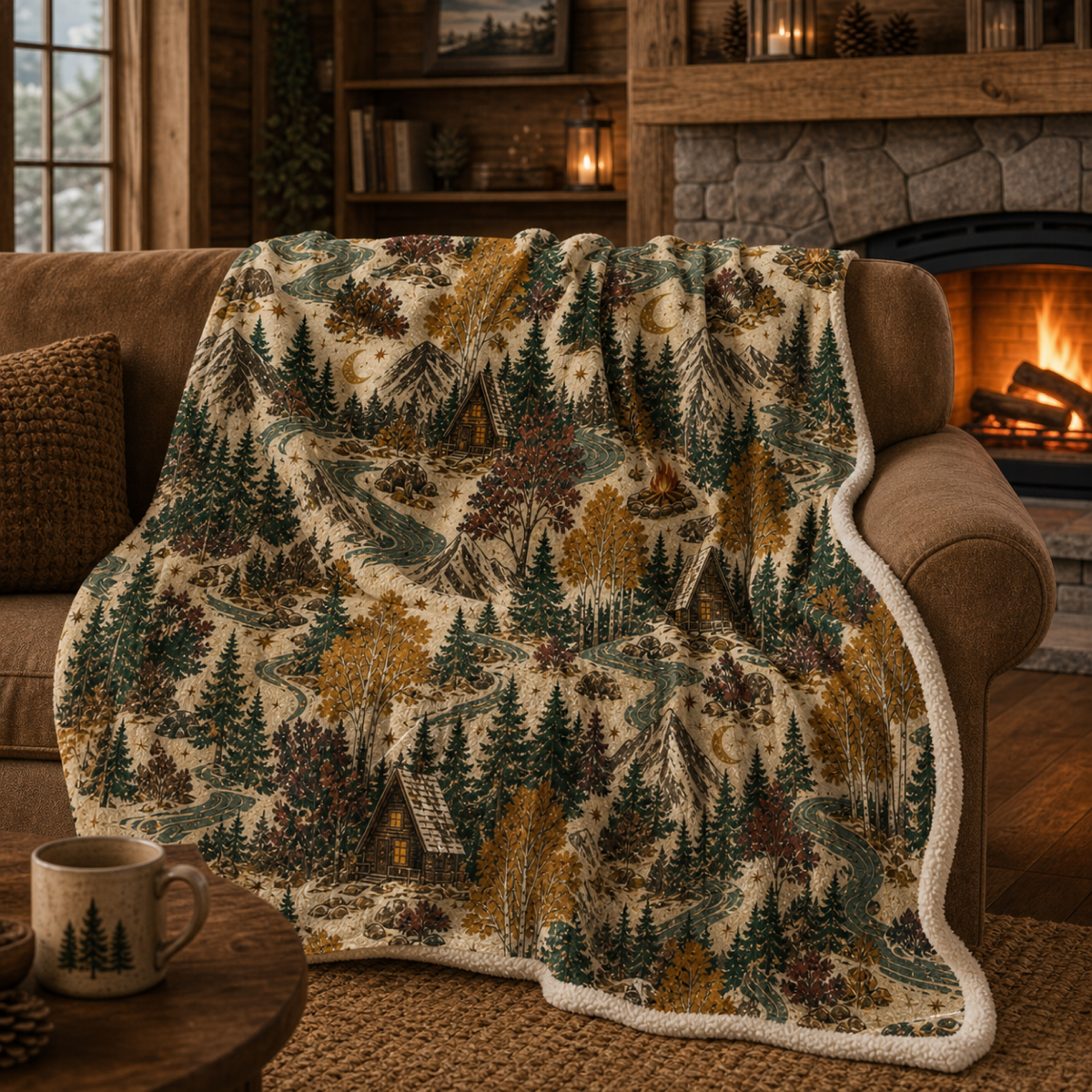 Mountain Lodge Sherpa Blanket – Vintage Cabin & Forest Throw Blanket