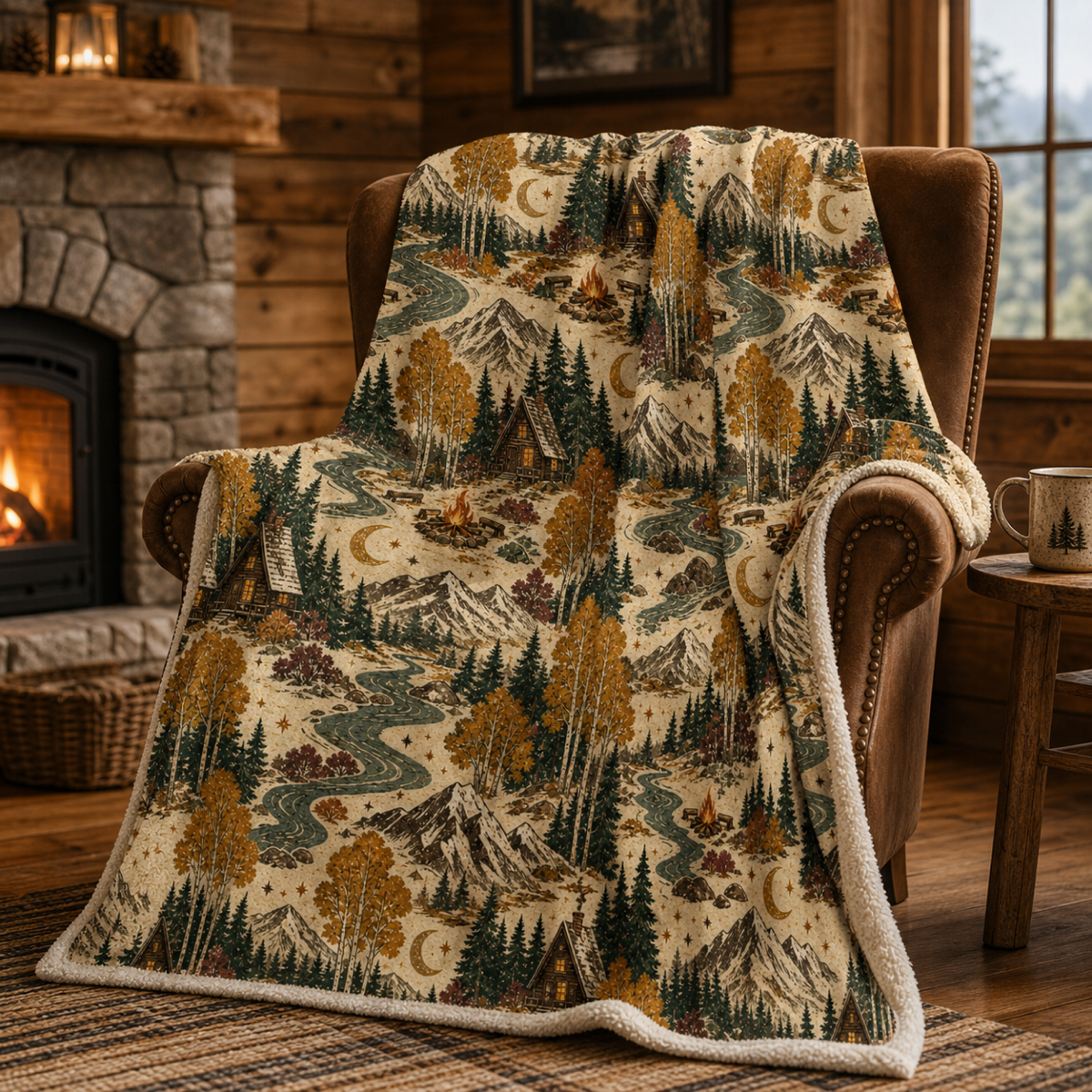 Mountain Lodge Sherpa Blanket – Vintage Cabin & Forest Throw Blanket