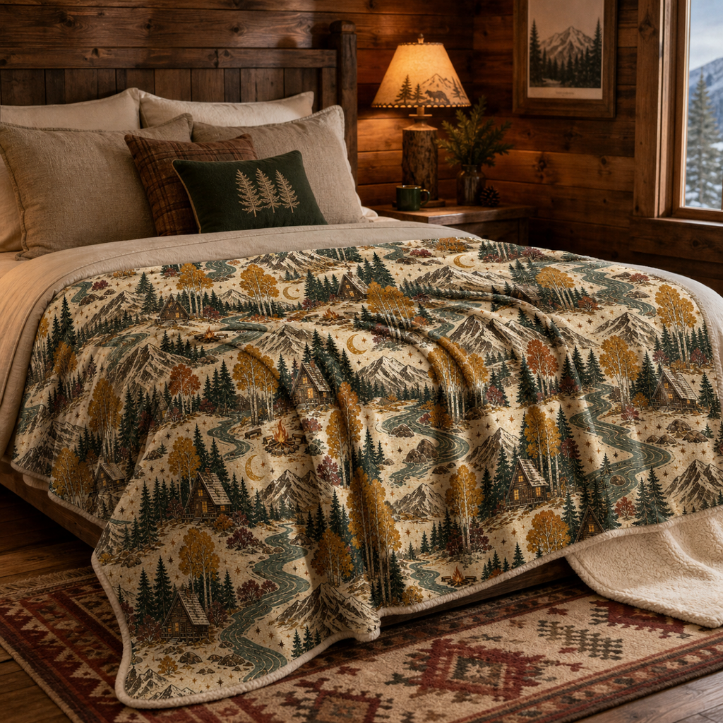 Mountain Lodge Sherpa Blanket – Vintage Cabin & Forest Throw Blanket