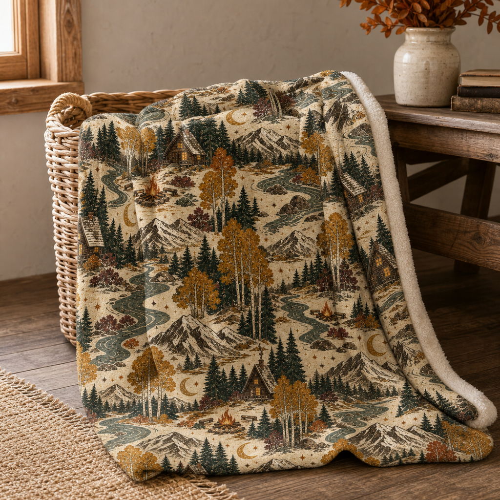 Mountain Lodge Sherpa Blanket – Vintage Cabin & Forest Throw Blanket