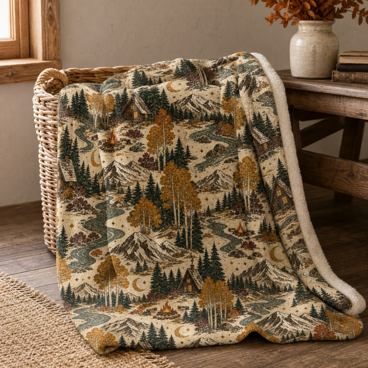 Mountain Lodge Sherpa Blanket – Vintage Cabin & Forest Throw Blanket