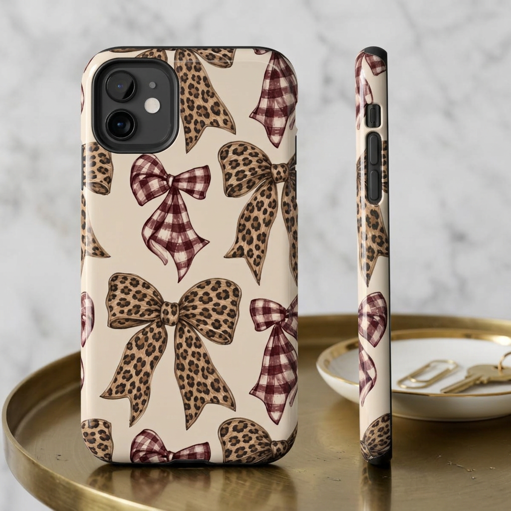 Leopard Bow Phone Case, Plaid Coquette iPhone Case, Neutral Tough Case