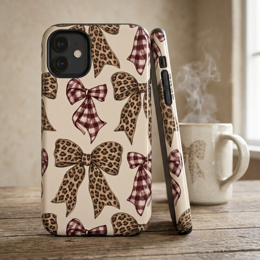 Leopard Bow Phone Case, Plaid Coquette iPhone Case, Neutral Tough Case