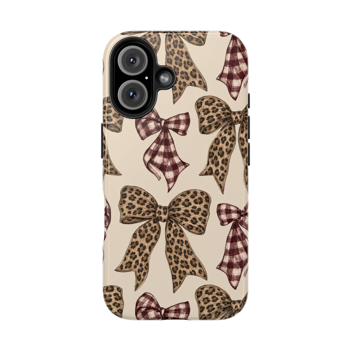 Leopard Bow Phone Case, Plaid Coquette iPhone Case, Neutral Tough Case