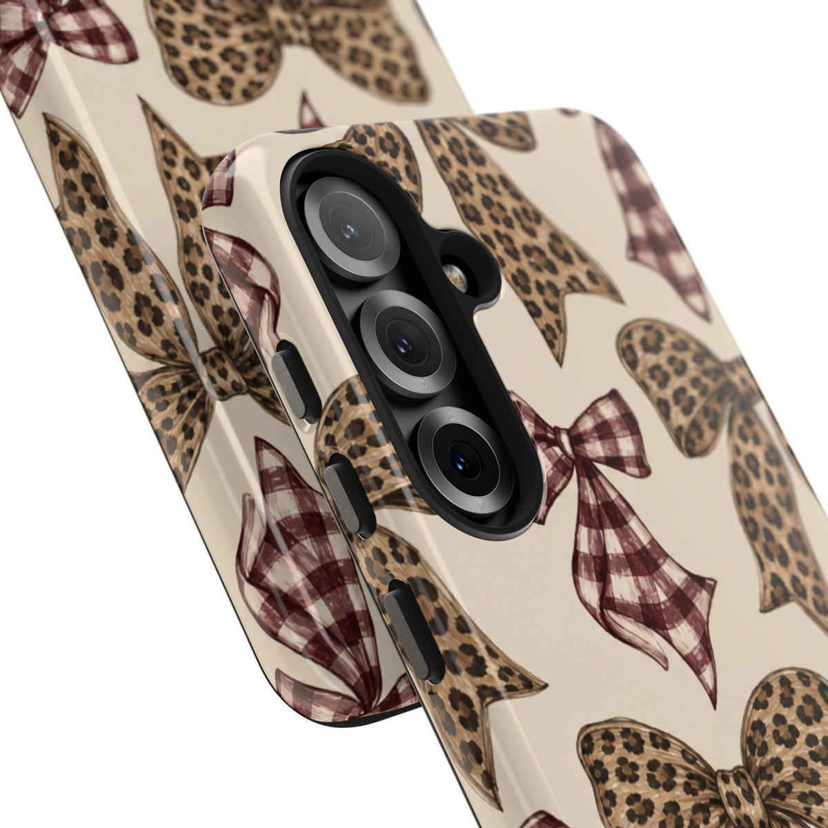 Leopard Bow Phone Case, Plaid Coquette iPhone Case, Neutral Tough Case