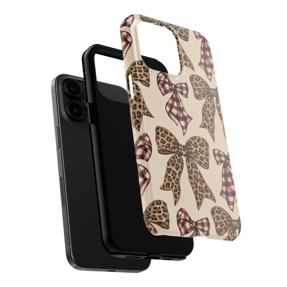 Leopard Bow Phone Case, Plaid Coquette iPhone Case, Neutral Tough Case