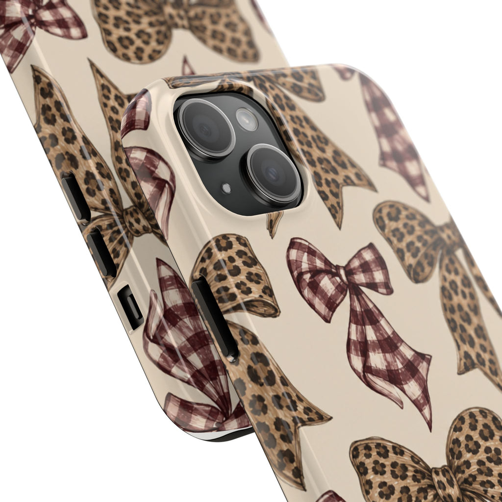 Leopard Bow Phone Case, Plaid Coquette iPhone Case, Neutral Tough Case