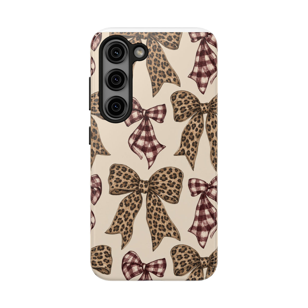 Leopard Bow Phone Case, Plaid Coquette iPhone Case, Neutral Tough Case