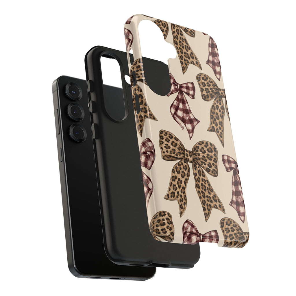 Leopard Bow Phone Case, Plaid Coquette iPhone Case, Neutral Tough Case