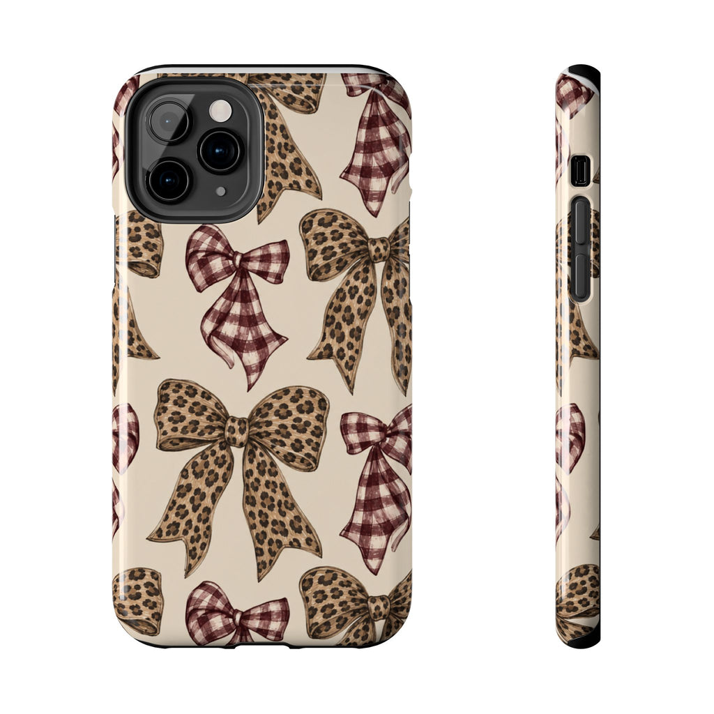 Leopard Bow Phone Case, Plaid Coquette iPhone Case, Neutral Tough Case