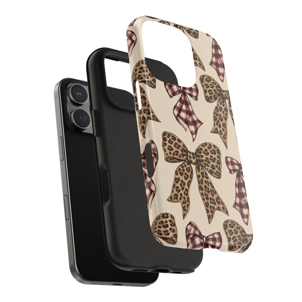 Leopard Bow Phone Case, Plaid Coquette iPhone Case, Neutral Tough Case