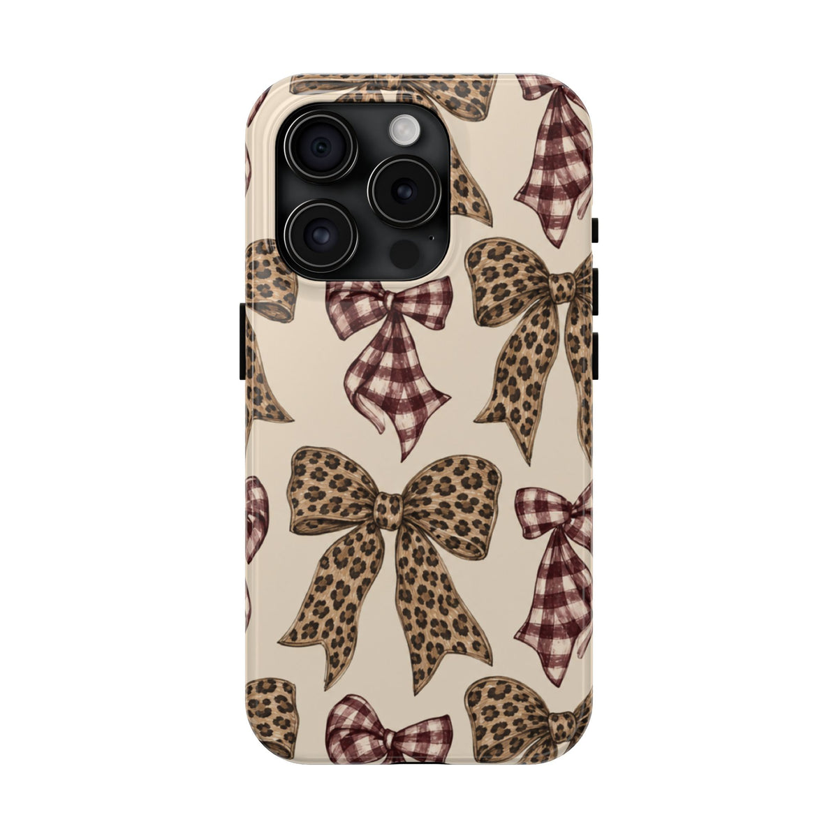 Leopard Bow Phone Case, Plaid Coquette iPhone Case, Neutral Tough Case