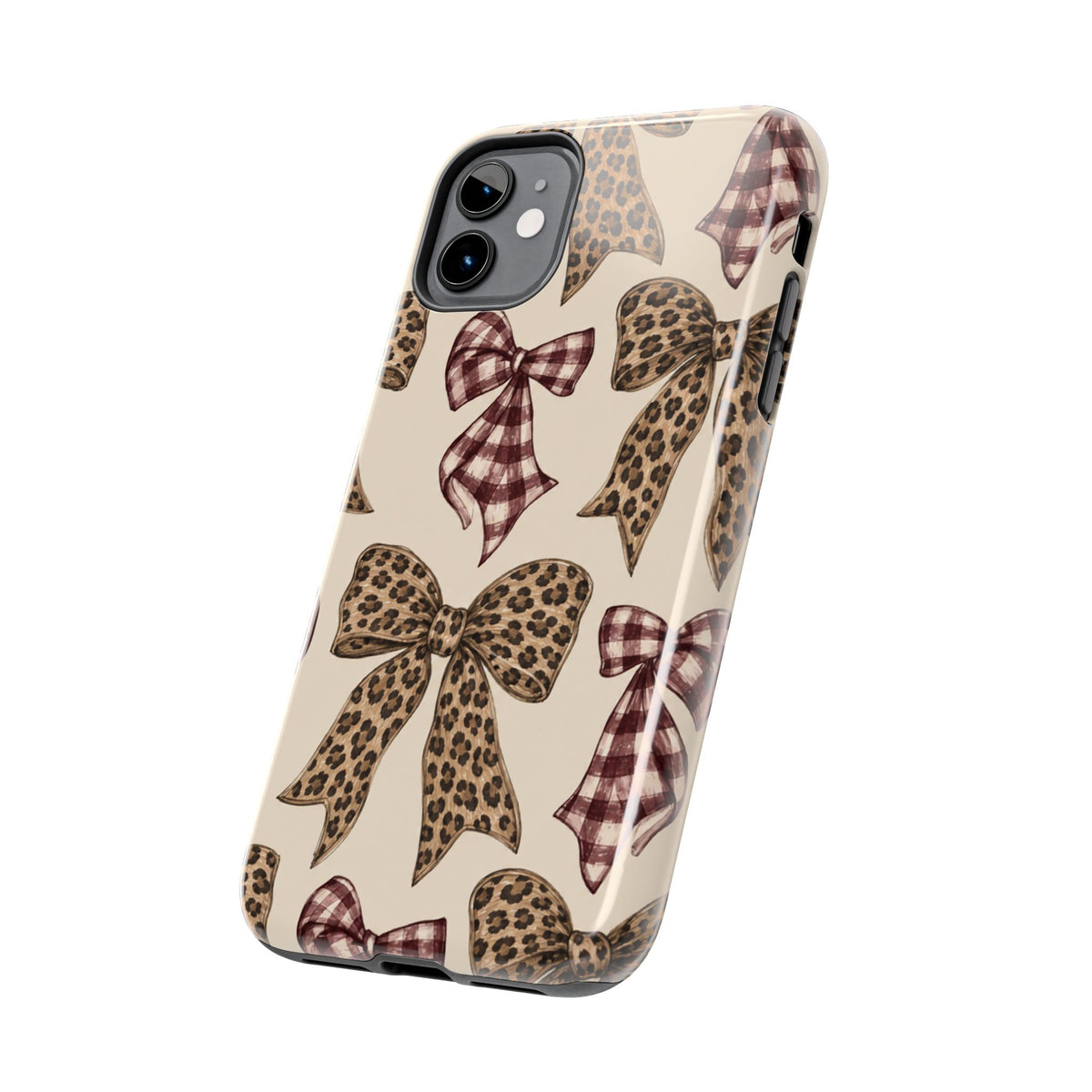 Leopard Bow Phone Case, Plaid Coquette iPhone Case, Neutral Tough Case