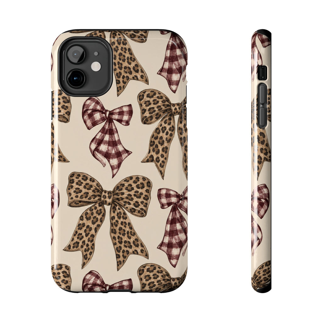 Leopard Bow Phone Case, Plaid Coquette iPhone Case, Neutral Tough Case