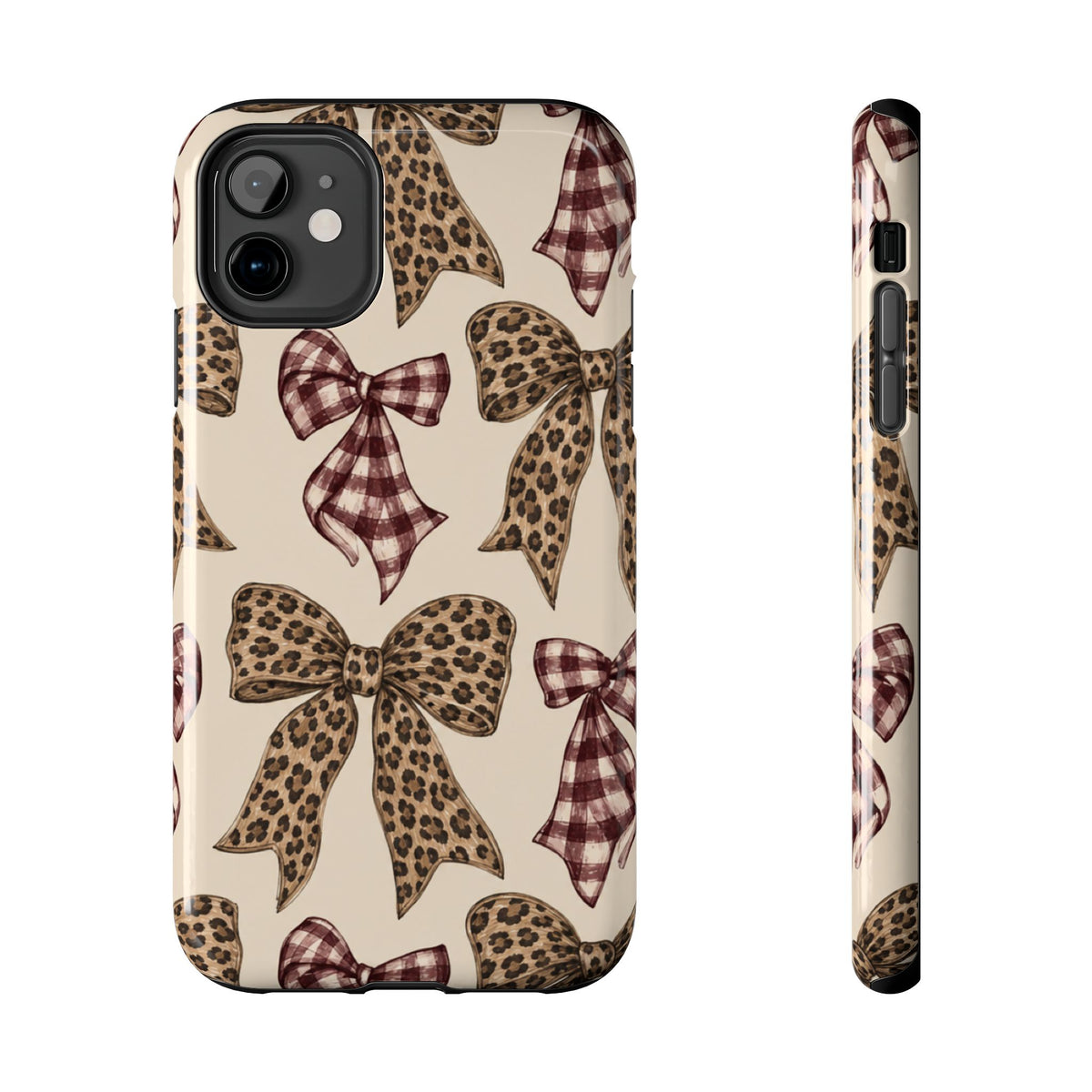 Leopard Bow Phone Case, Plaid Coquette iPhone Case, Neutral Tough Case