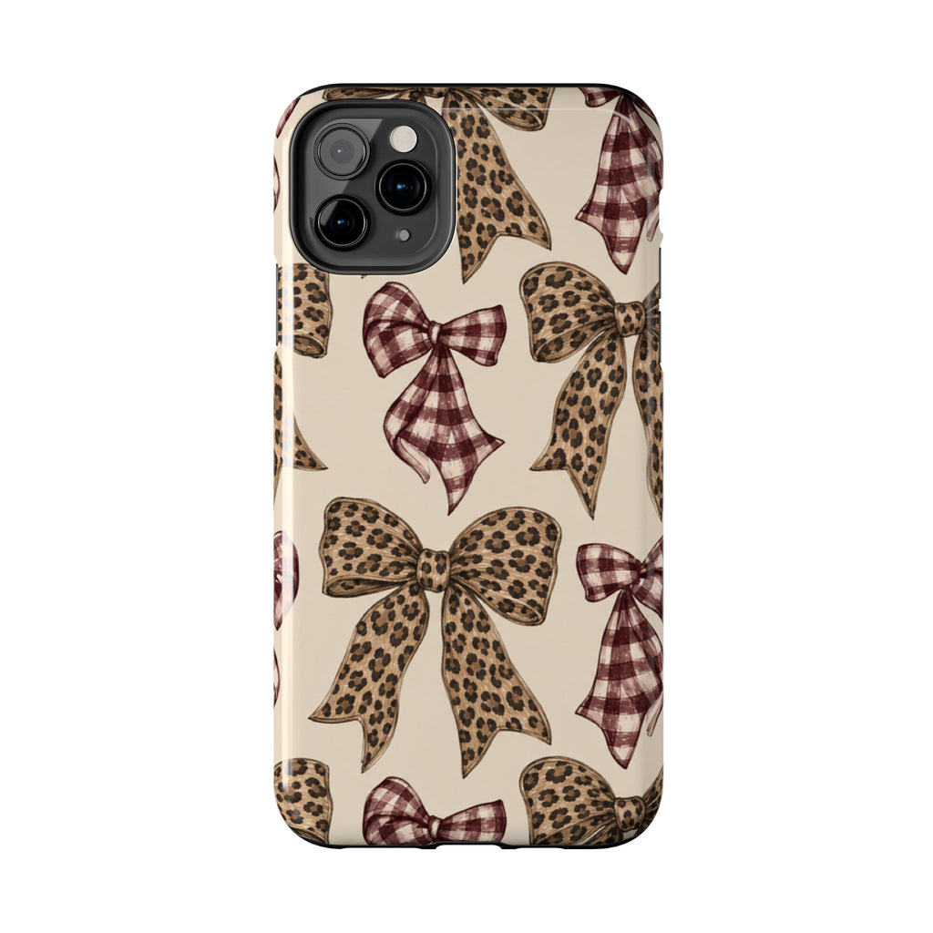 Leopard Bow Phone Case, Plaid Coquette iPhone Case, Neutral Tough Case