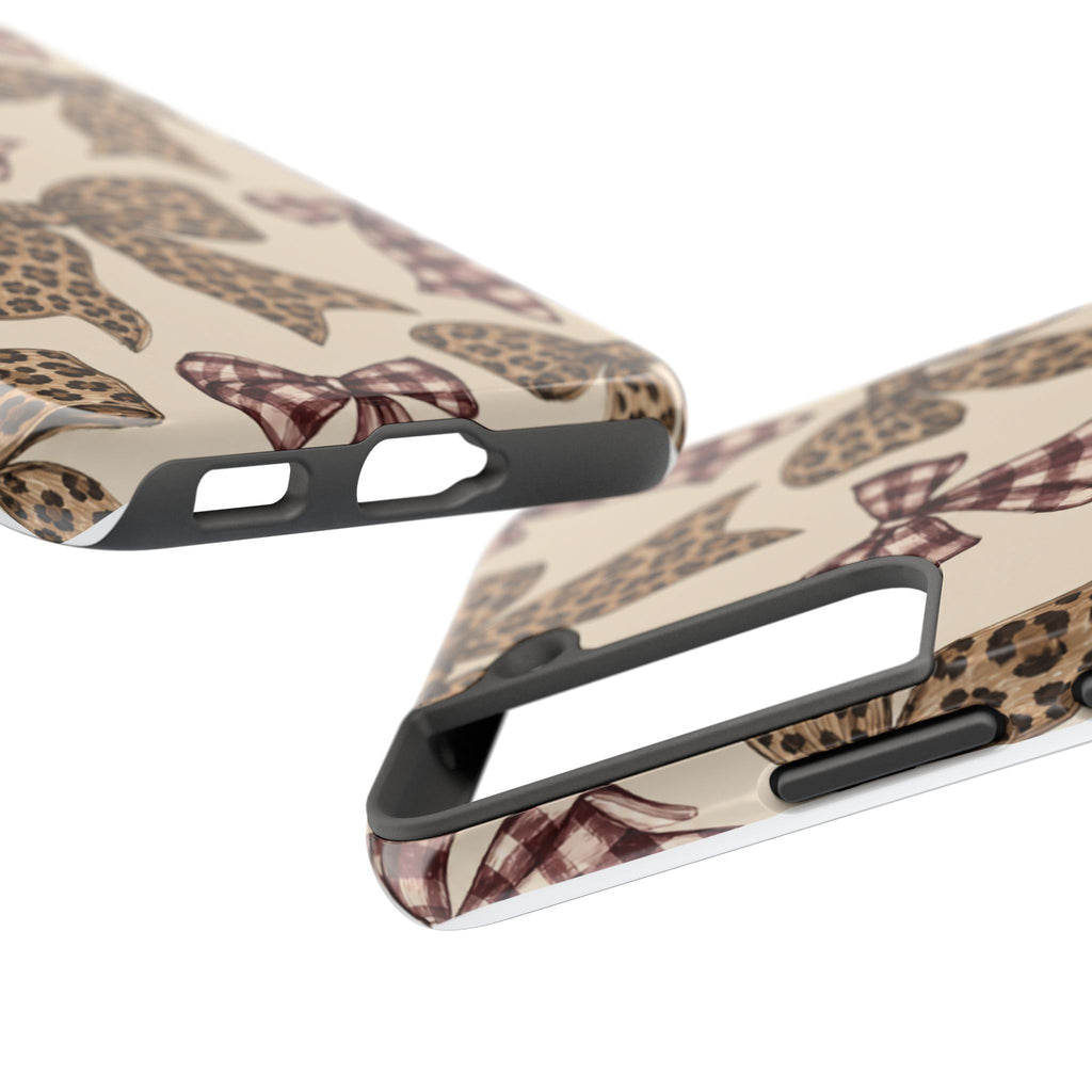 Leopard Bow Phone Case, Plaid Coquette iPhone Case, Neutral Tough Case